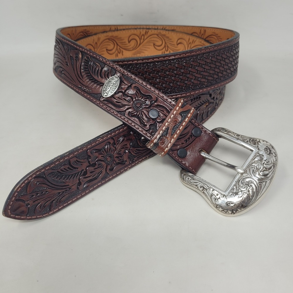 Vintage Nocona Belt 46 Brown Leather Floral Tooled Basketweave Western Cowboy